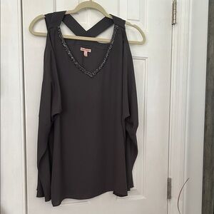 Juicy Couture Black Cold-Shoulder V-Neck Top with Beaded Trim